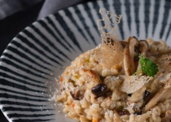 Risotto de setas cremoso servido en plato hondo con setas laminadas y queso rallado